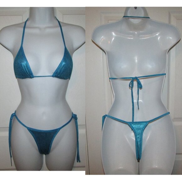 Turquoise Blue Metallic Skimpy String Thong Tanga Bikini - NEW - Picture 1 of 11